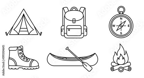 Outdoor adventure icons in line art style