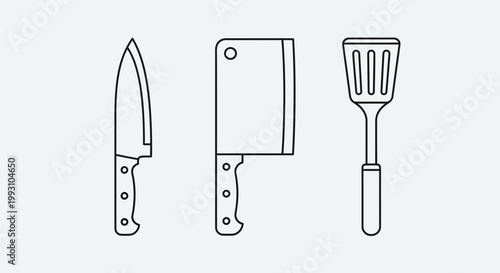 Kitchen knife, cleaver, and spatula line art