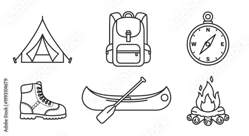 Camping and outdoor adventure icons in line art style