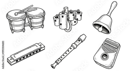 Collection of hand-drawn musical instruments in black and white