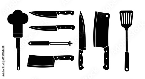 Collection of black kitchen knives and chef hat icons