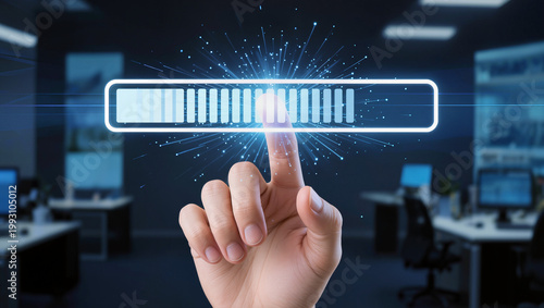 hand touching digital loading bar on futuristic touchscreen interface, interactive data processing and software update progress concept, glowing technology dashboard with blue progress indicator