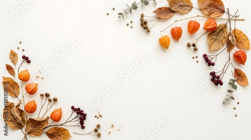 Autumnal foliage and scattered colorful leaves frame a clean white background creating a warm and rustic seasonal border for elegant design projects