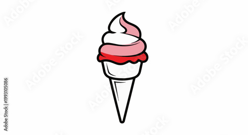 A pink and white soft serve ice cream cone with swirl