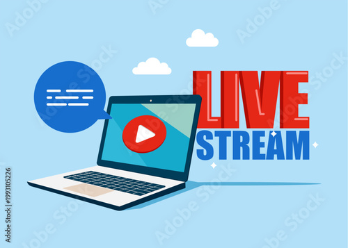 Laptop with video play button with Poster live stream. Online live Streaming. Modern vector illustration in flat style