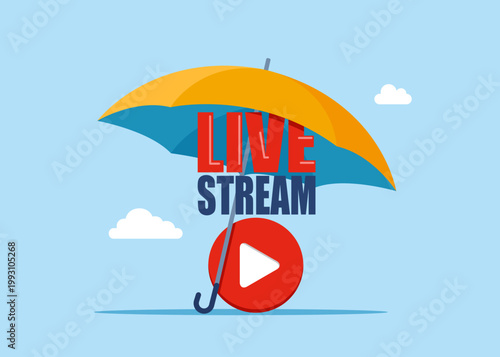 Live stream under umbrella. Online live Streaming. Discussion, conversation, meeting, team communication. Warranty and support service. Modern vector illustration in flat style