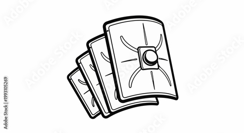 Three ancient Roman shields stacked in a pile, black and white