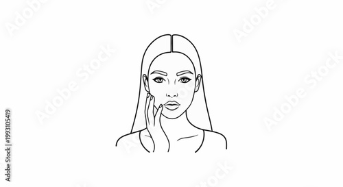 Stylized line art portrait of a woman's face with hand touching cheek