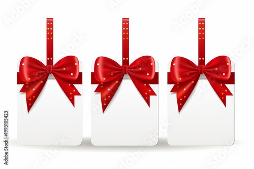 Blank paper gift tags with festive red bows and dotted ribbons