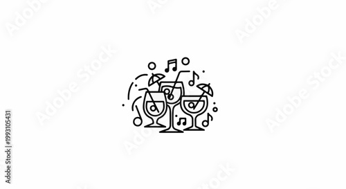 Stylized line art of three cocktail glasses with straws, parasols, music notes, and dots