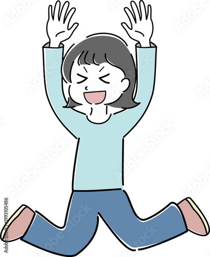 勢いよくジャンプして両手を上げる女性の全身シンプルイラスト（喜び・達成・元気・エネルギー・人物素材） /
Full body woman jumping energetically with arms raised simple line illustration (joy, achievement, energy, excitement, people)