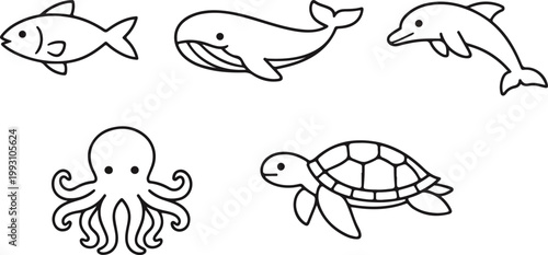 Marine Animal Line Art Icons Bundle for Ocean Research and Nautical Branding Flat Vector Illustration