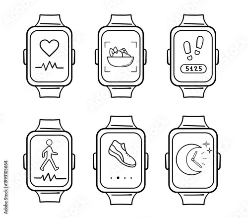 Fitness Smartwatch Line Icons Set – Health Tracking UI, Steps, Heart Rate, Sleep Monitor, Food Scan, Wearable App Interface