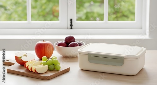 Fresh fruit and clean storage containers displayed on a light wooden surface near a bright window for healthy lifestyle organization