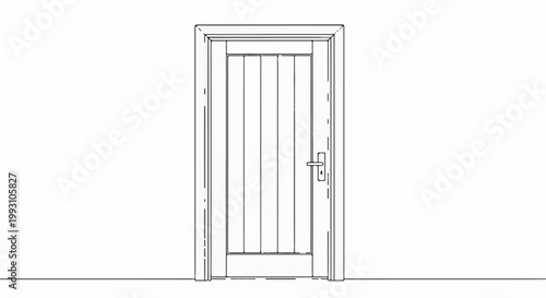Stylized outline drawing of a wooden panel door with a handle on a white background