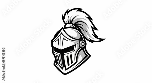 Stylized knight's helmet with plumed crest, monochromatic graphic