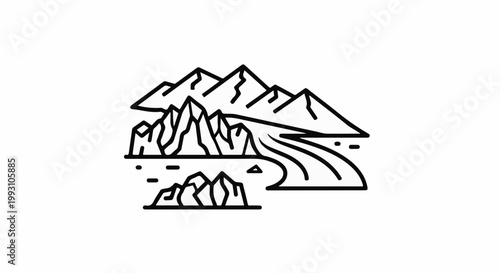 Stylized mountainous landscape with a winding river and icebergs