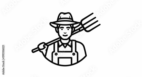 A simple line drawing of a farmer with a pitchfork over his shoulder