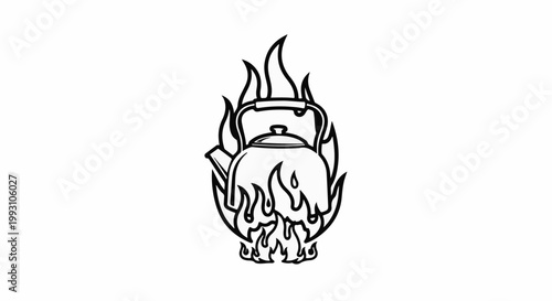 Stylized kettle on fire, black outline on white background