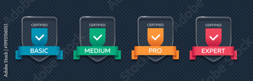 Glassmorphism certified badge set. 3D glass shield icons with checkmarks and ribbons. Basic, medium, pro and expert tier levels for ui pricing plans.