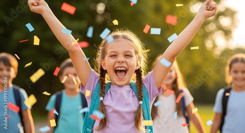 Happy child celebrates with arms raised as colorful confetti falls around her in bright outdoor sunlight