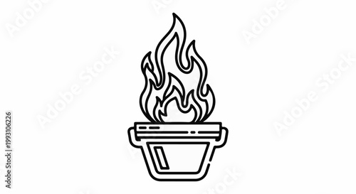 A stylized line art drawing of a flaming torch in a simple pot