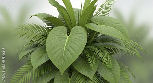 Lush vibrant green foliage of a tropical plant fills the frame under bright natural light creating a serene and verdant jungle atmosphere in a soft