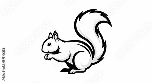 Stylized black and white squirrel, bushy tail, clean lines, isolated