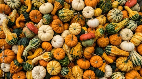 Harvest bounty of colorful autumn pumpkins and gourds displayed for seasonal lifestyle marketing and agricultural trade