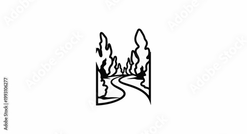 Stylized black and white illustration of a winding road lined by trees