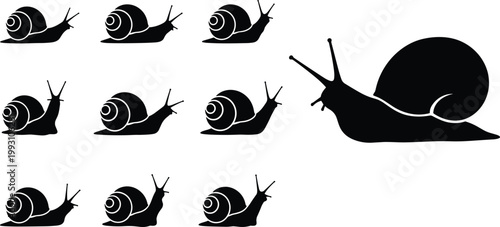 Black silhouette set of snail icons with shells and tentacles isolated on white background for garden nature wildlife design and slow movement concept