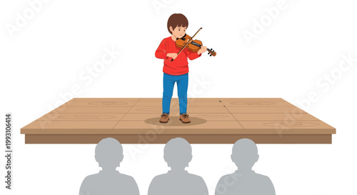 Young musician plays violin on stage for an audience.