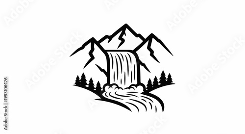 Stylized black and white mountain waterfall with evergreen trees