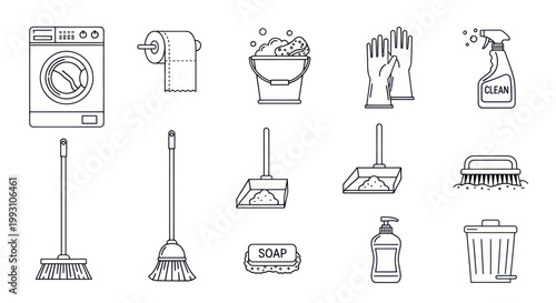 Collection of cleaning service and household chore line icons