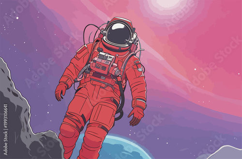Astronaut in Red Spacesuit Floating in Space