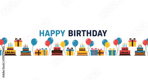 Birthday celebration banner, colorful cake and gift icons, happy birthday greeting, party decorations