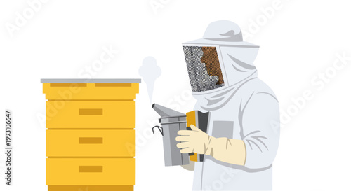 Beekeeper in protective suit with smoker near a beehive