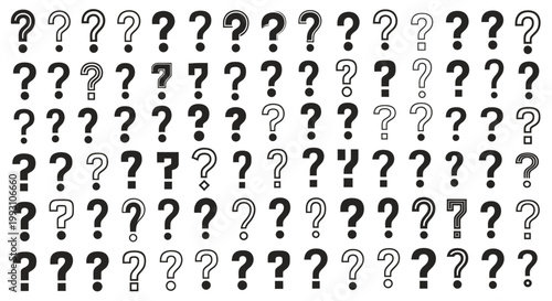 Abstract pattern featuring large, repeated question marks across a monochrome grid.