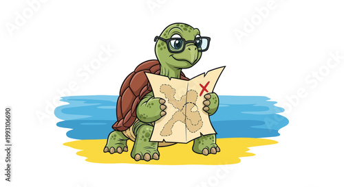 Photos Turtle with glasses reading a treasure map on a beach