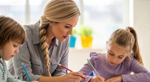 Professional teacher helping young children with educational creative writing tasks in a bright modern classroom setting during an engaging lifestyle corporate learning session