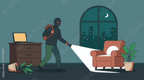 Burglar in a balaclava using a flashlight to search a dark house at night