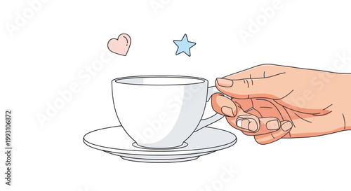 Hand holding a white cup of coffee or tea with heart and star icons