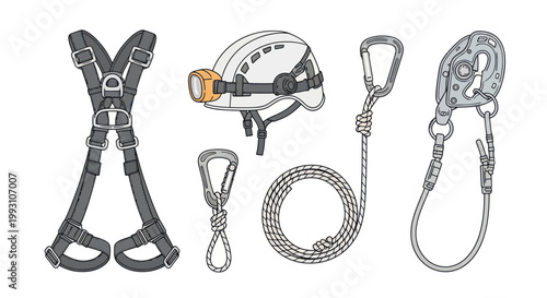 Illustration of industrial rope access and climbing safety gear isolated on white background