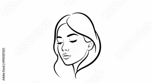 Minimalist line art sketch of a young woman's face with closed eyes