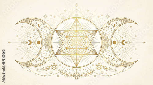 Golden mystical triple moon symbol featuring sacred geometry merkaba and celestial stars for spiritual or esoteric design
