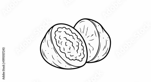 Hand-drawn illustration of a passion fruit cut in half, revealing its juicy interior