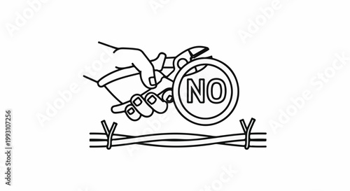 Hand using pliers to cut a wire with "NO" symbol, across barbed wire