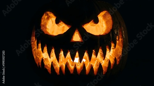 Spooky carved pumpkin glowing in dark night setting perfect for Halloween decoration and scary seasonal marketing lifestyle content
