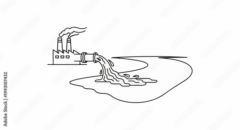 Obraz premium Factory pipe discharging waste into a body of water with smoke from stacks