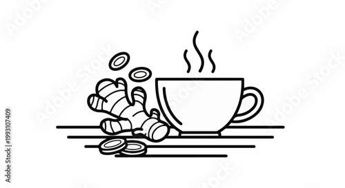 Line art of steaming cup of ginger tea with ginger root and slices